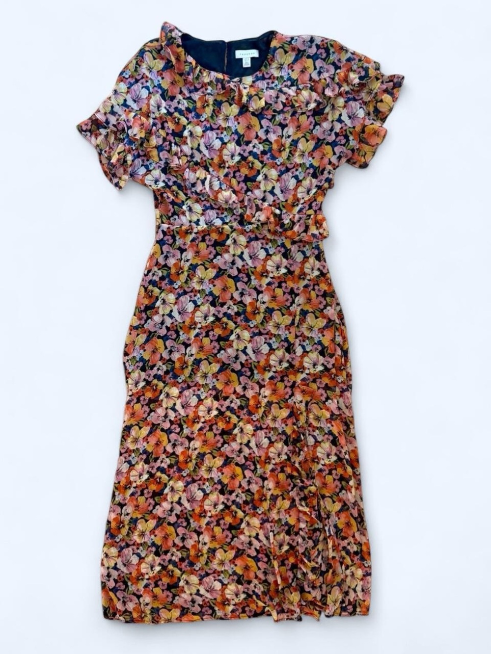 Topshop Dark Floral Ruffle Chiffon Midi Dress Pansy Print Size 8